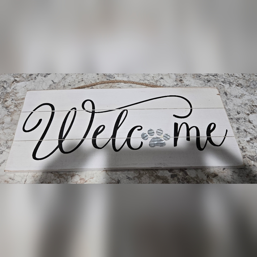 White and Black Welcome Sign with Paw Prints